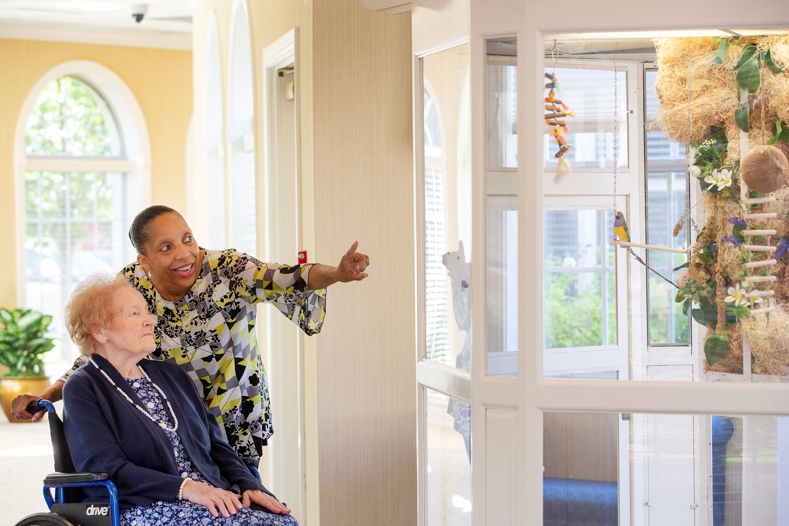 A resident sits in a wheelchair admiring a glassed-in bird living habitat. Another lady stands with her pointing to a brightly colored bird.