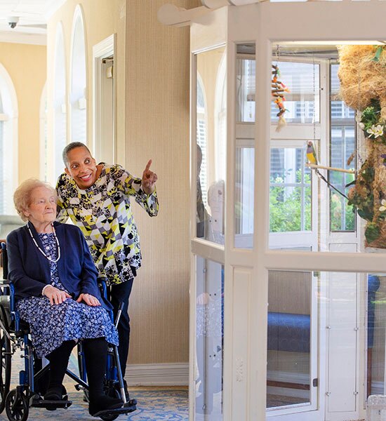 A resident sits in a wheelchair admiring a glassed-in bird living habitat. Another lady stands with her pointing to a brightly colored bird.