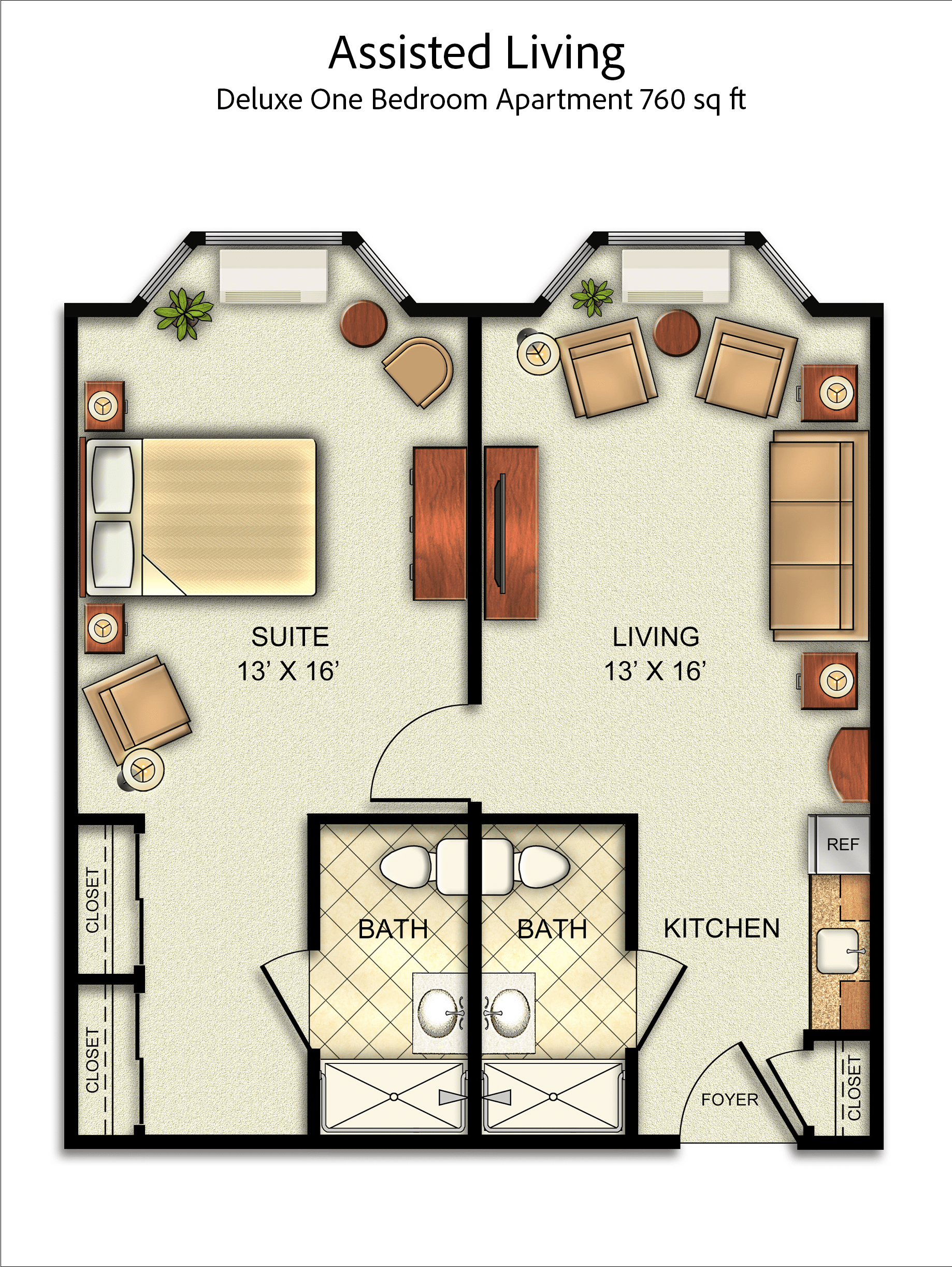 Deluxe One Bedroom Apartment floor plan, 760 square feet