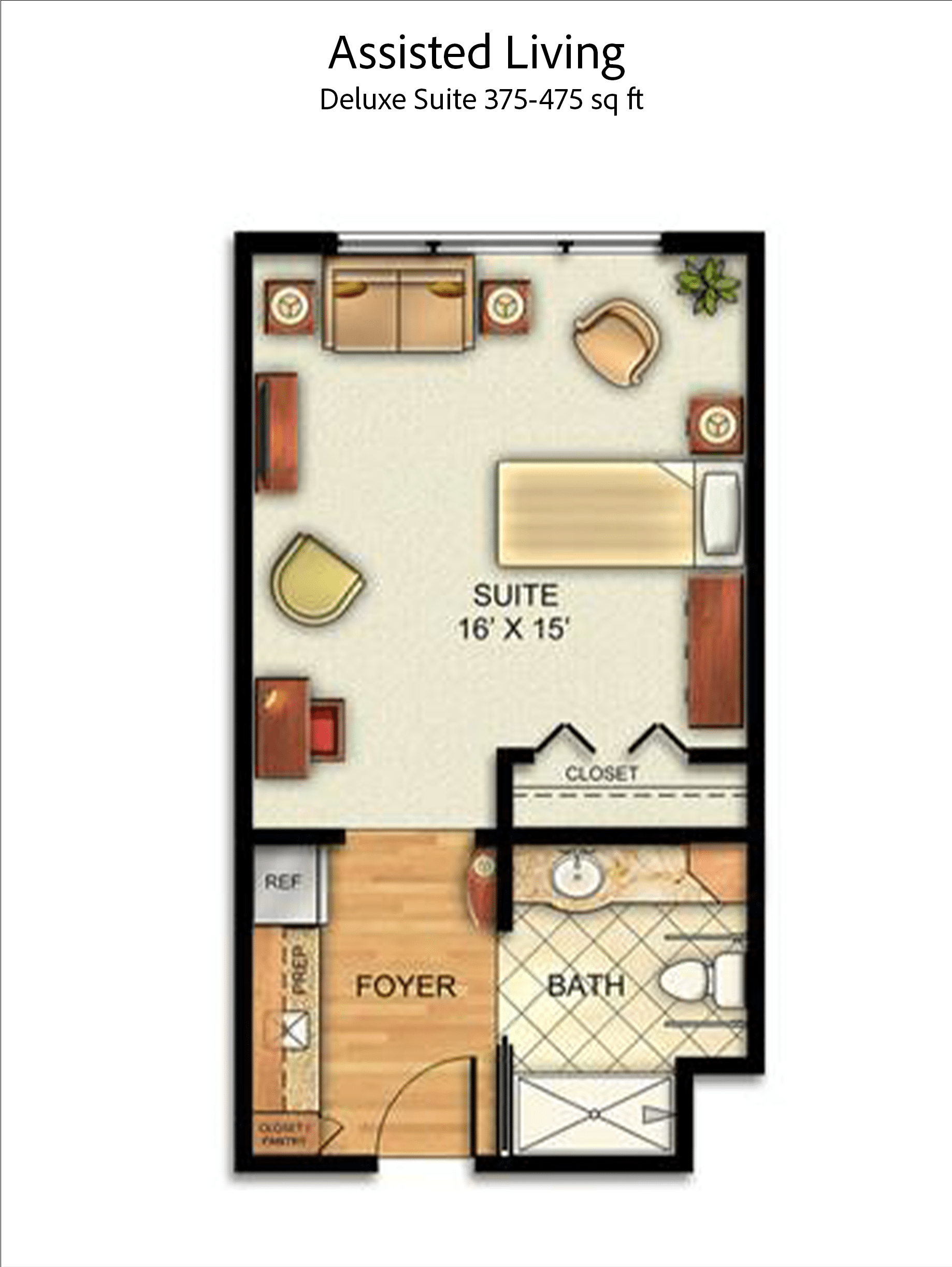 Deluxe Suite floor plan, 375-475 square feet