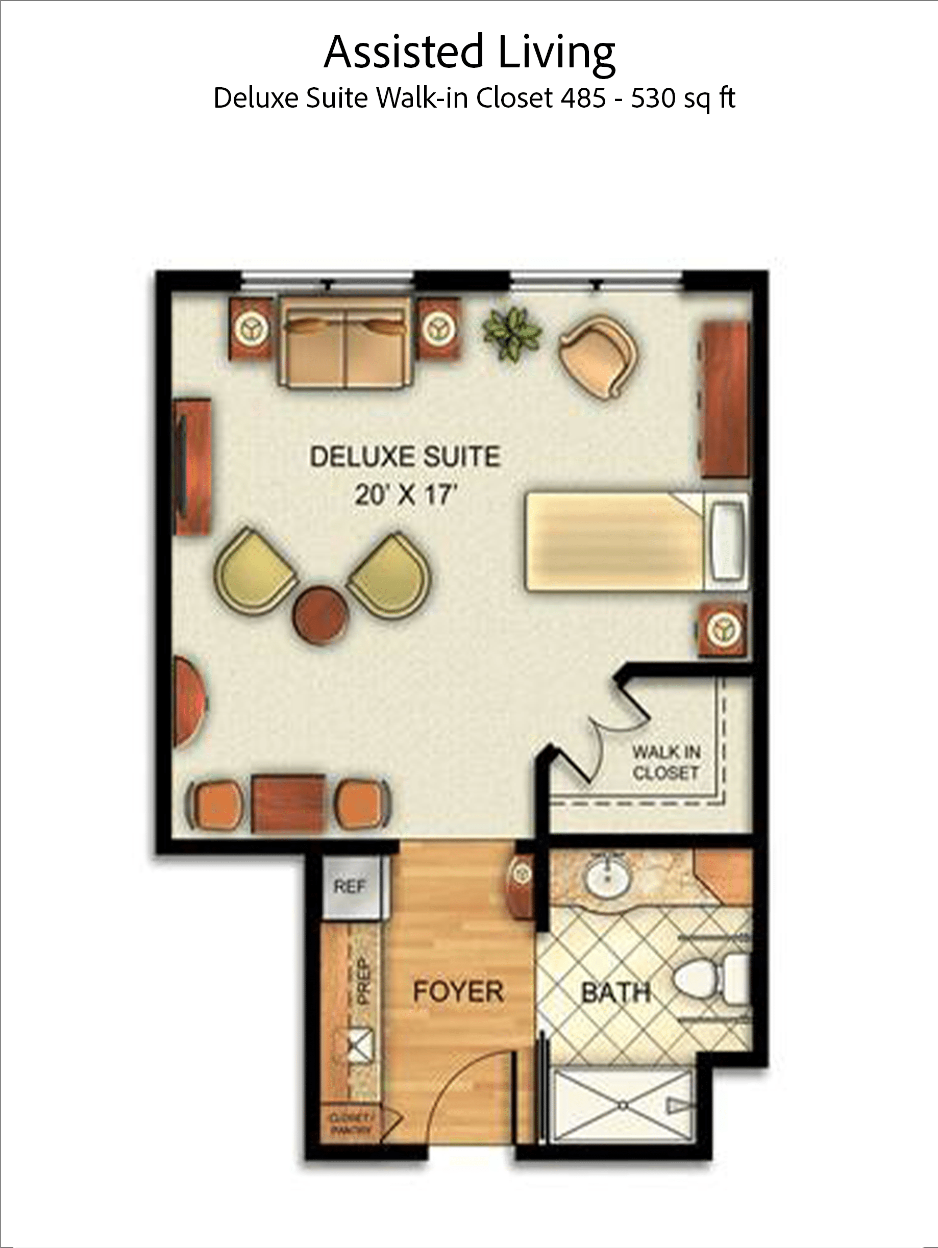 Deluxe Suite with walk-in closet floor plan, 485-530 square feet