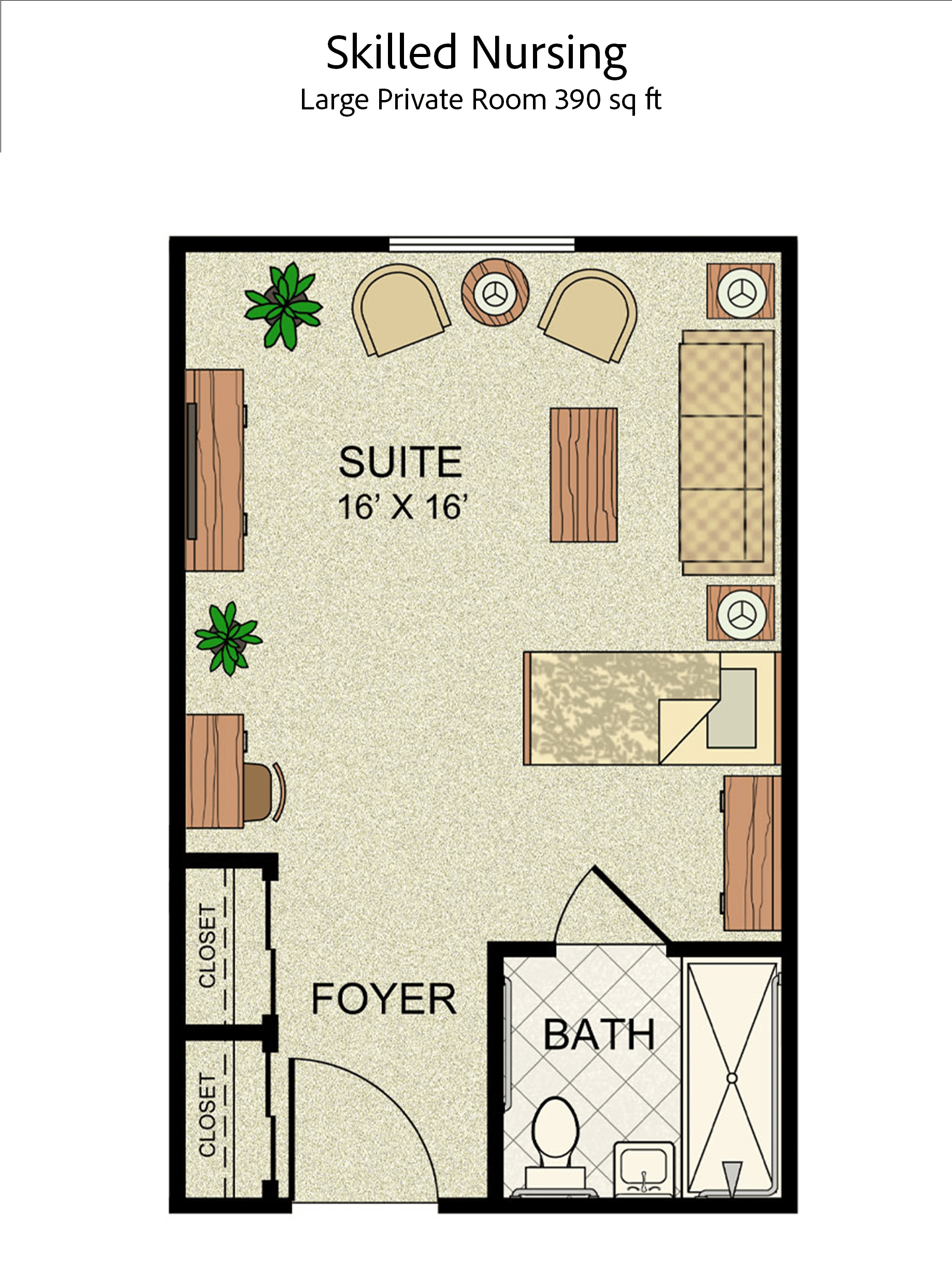 Skilled Nursing Large Private Room floor plan, 390 square feet
