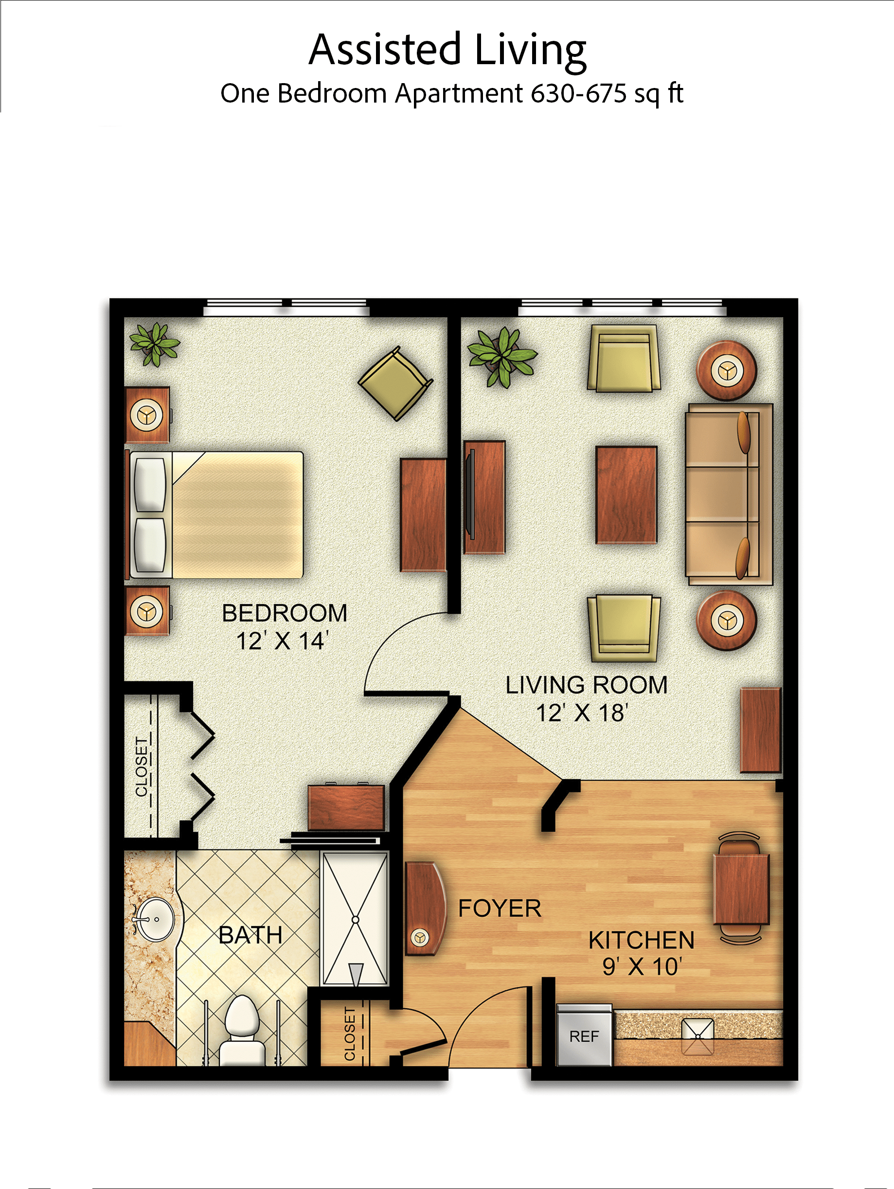 One Bedroom Apartment floor plan, 630-675 square feet