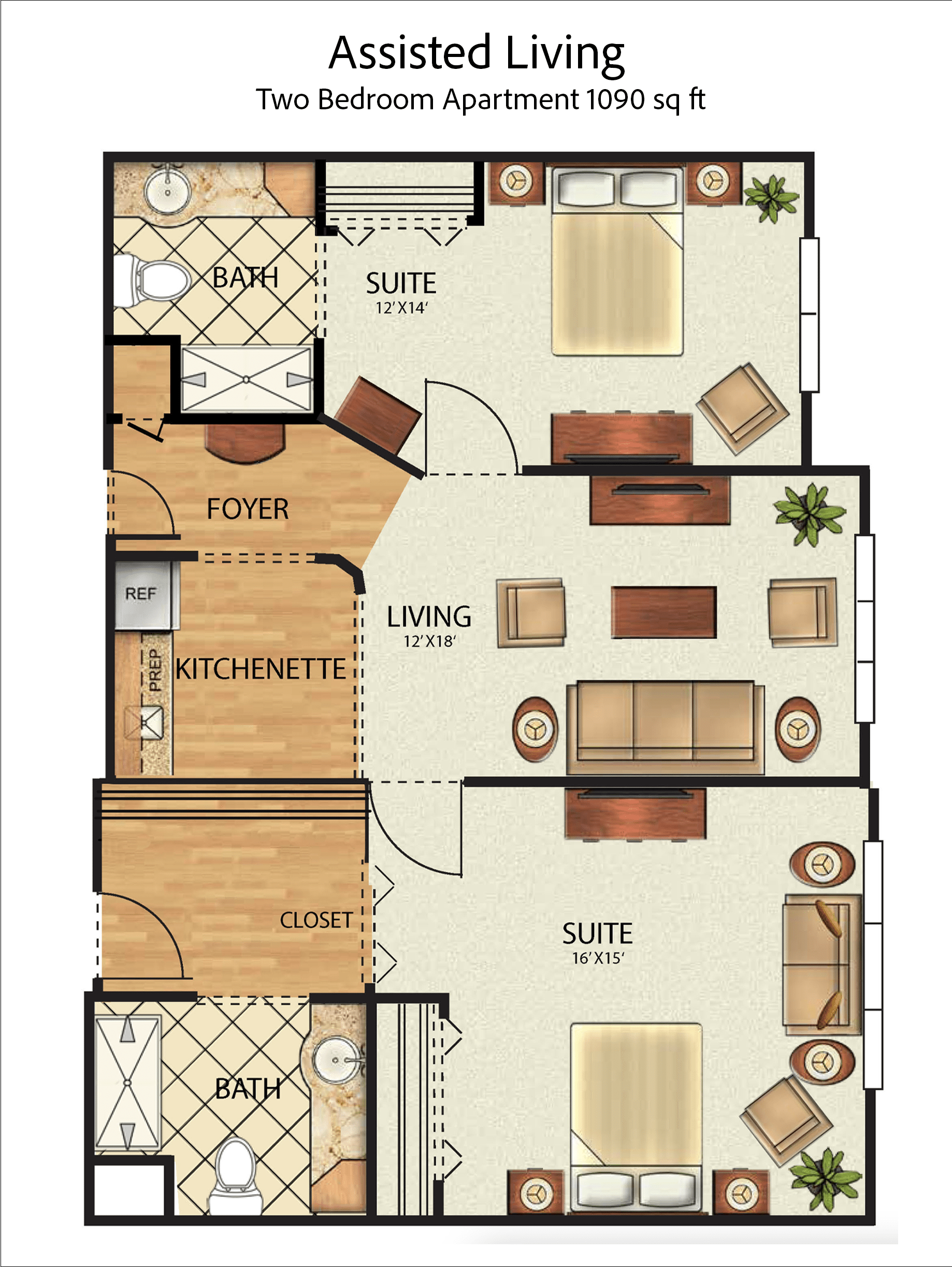 Two Bedroom Apartment floor plan, 1090 square feet
