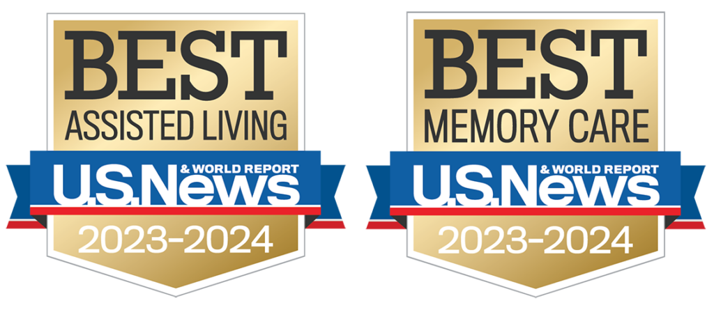 Two badges from U.S. News and World Report for 2023-2024. Best Assisted Living. Best Memory Care.