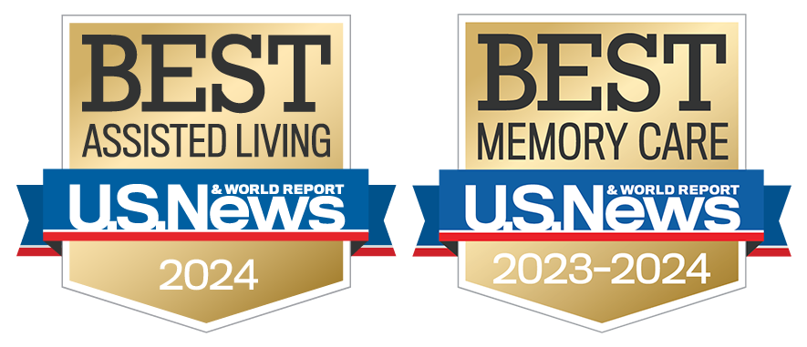 U.S News and World Report badges showcasing Best Assisted Living in 2024 and Best Memory Care 2023 through 2024.