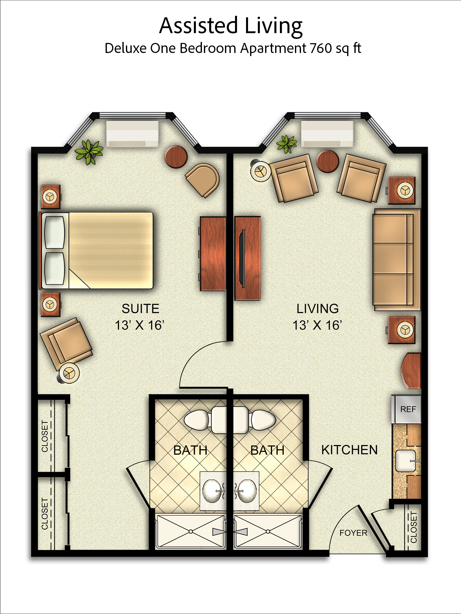 Deluxe One Bedroom Apartment floor plan, 760 square feet