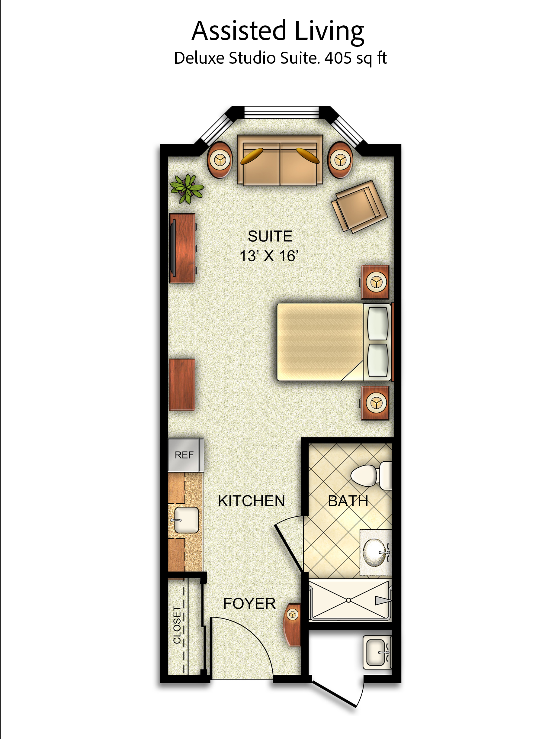 Deluxe Studio Suite floor plan, 405 square feet