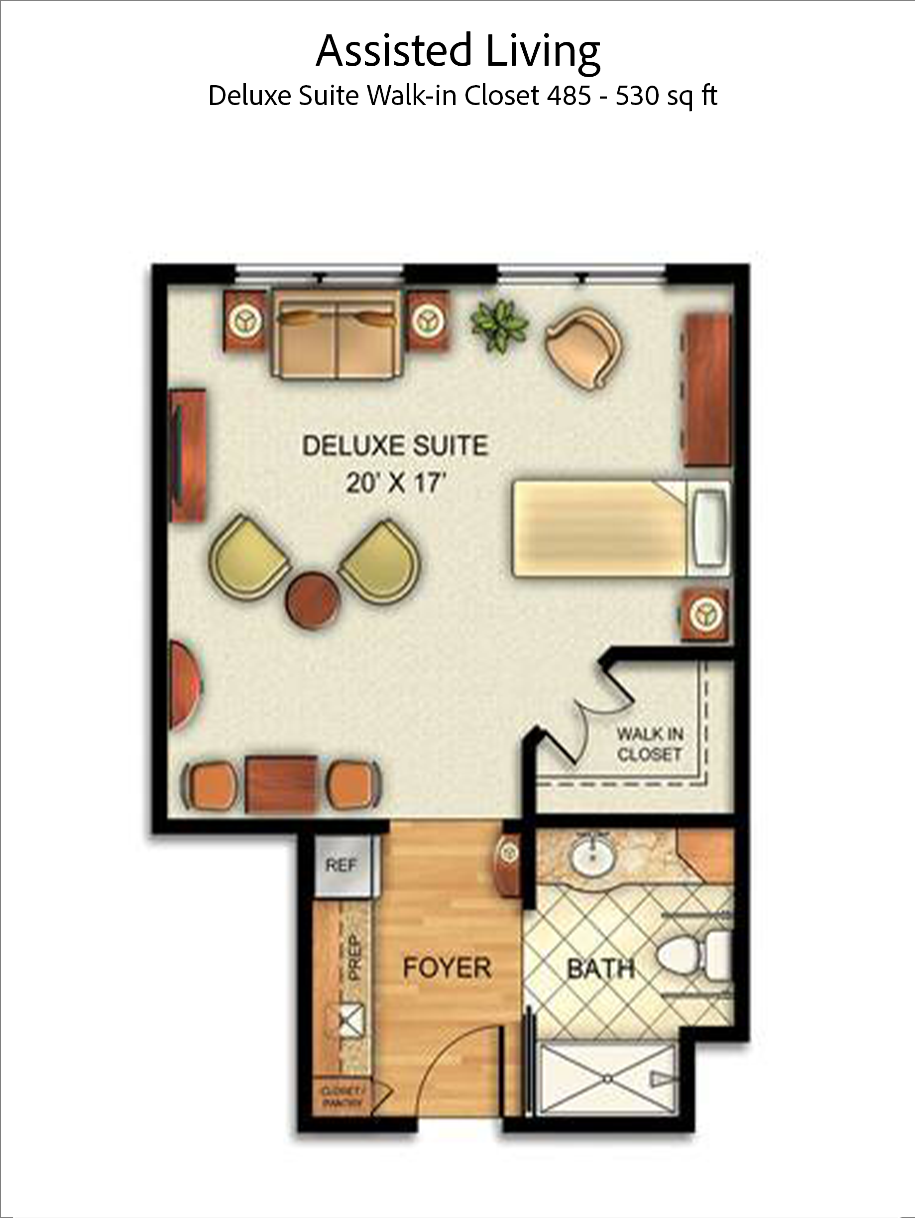 Deluxe Suite with walk-in closet floor plan, 485-530 square feet