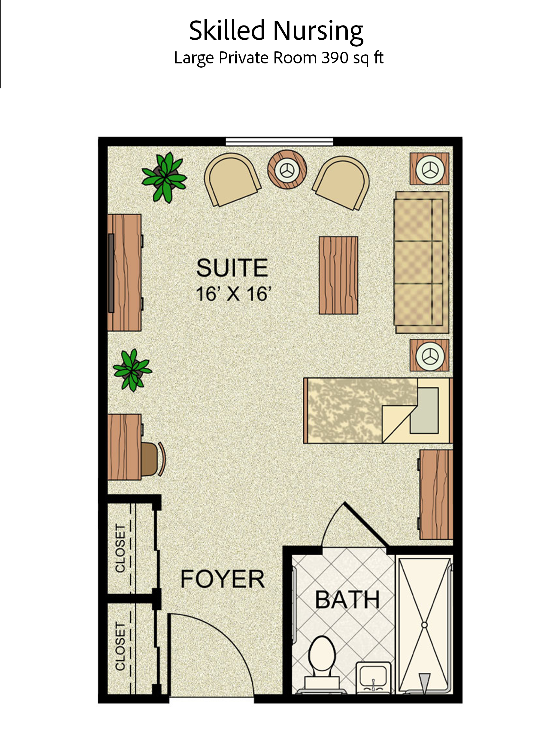 Skilled Nursing Large Private Room floor plan, 390 square feet