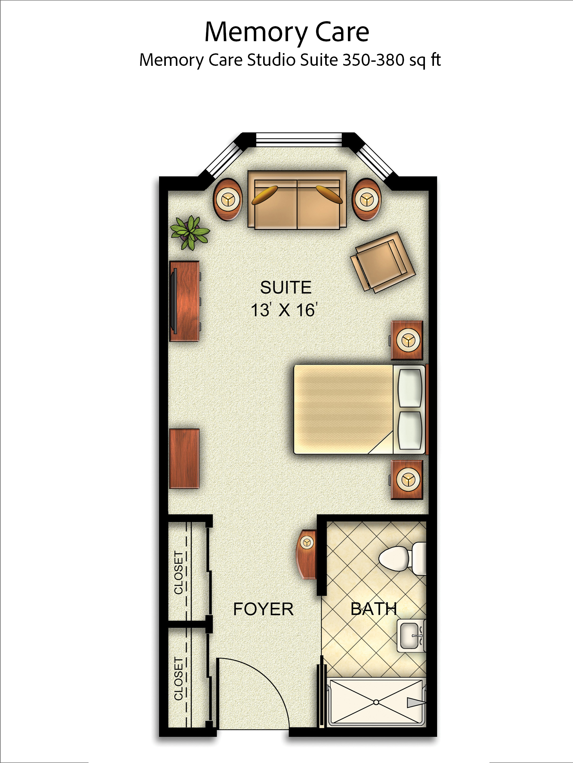 Memory Care Studio Suite floor plan, 350-380 square feet