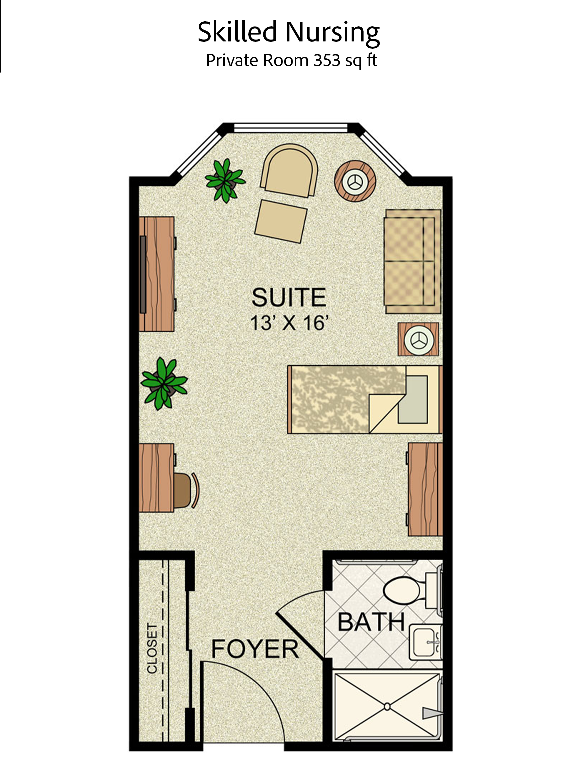 Skilled Nursing Private Room floor plan, 353 square feet
