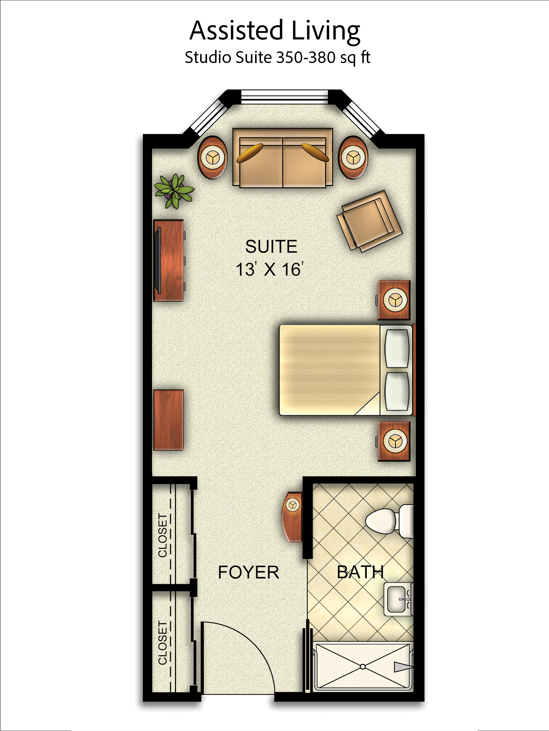 Studio Suite floor plan, 350-380 square feet